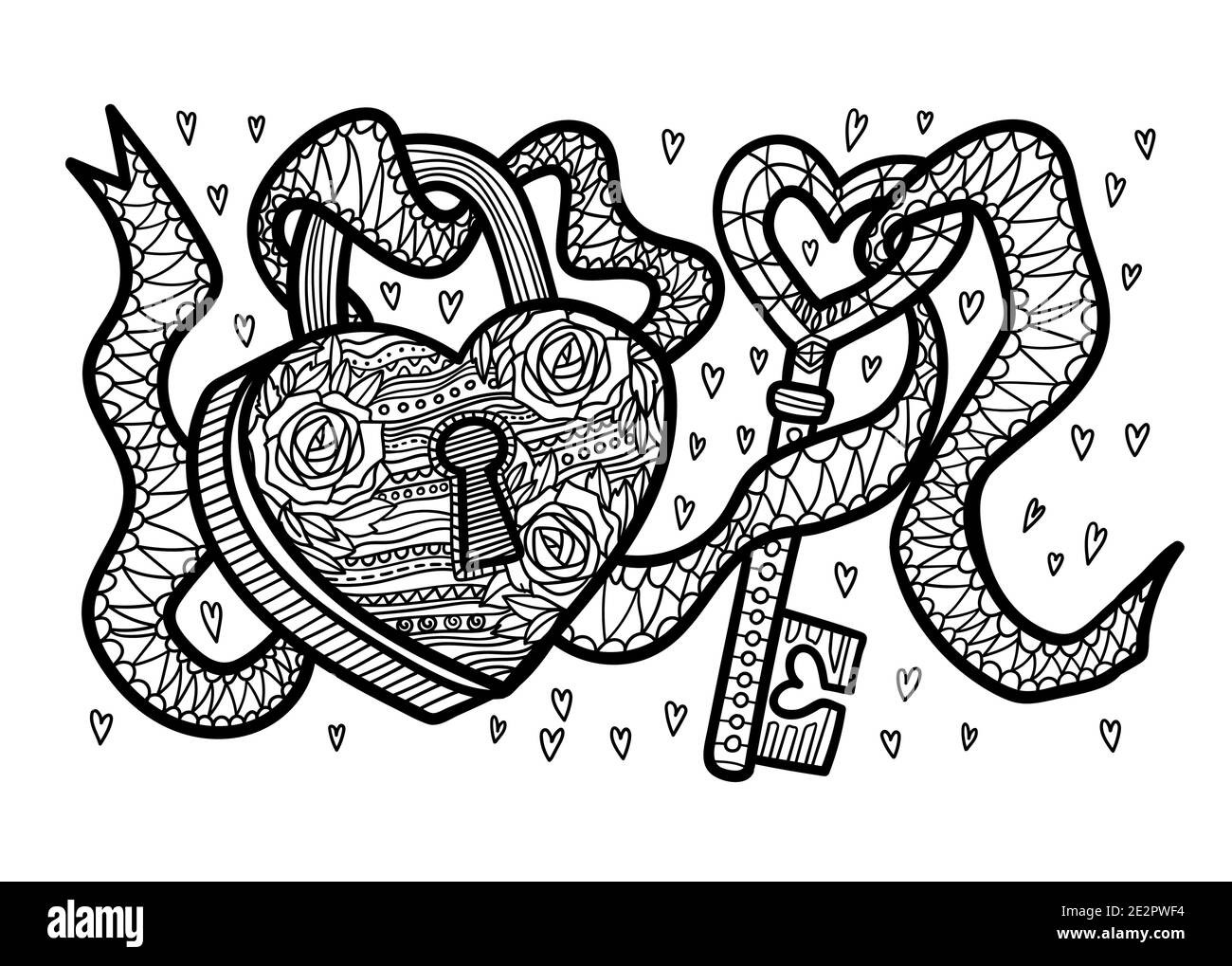 Saint-Valentin livre de coloriage Doodle antistress main serrure et clé avec forme de coeur. Style zen enchevêtrement. Carte de vœux Illustration de Vecteur