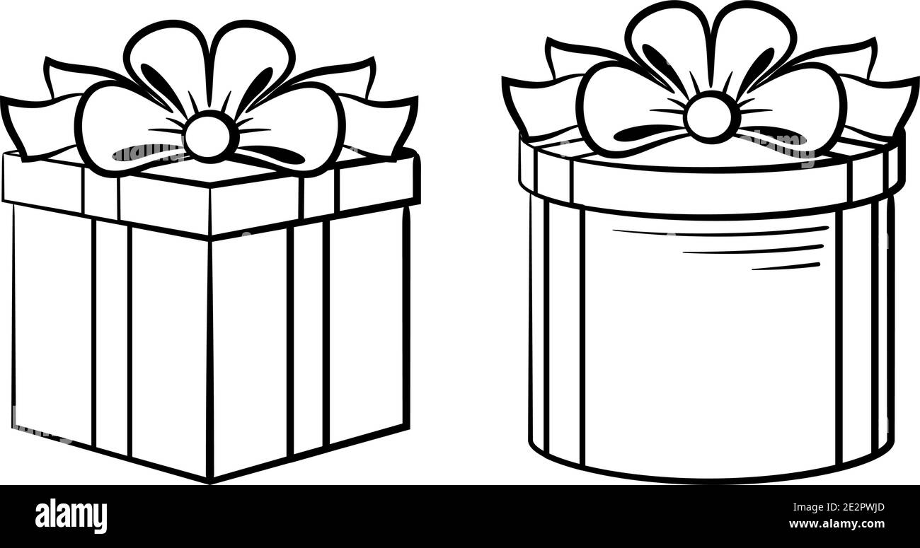 Boîtes-cadeaux formes carrées et rondes avec boucles, contours noirs isolés sur blanc. Vecteur Illustration de Vecteur