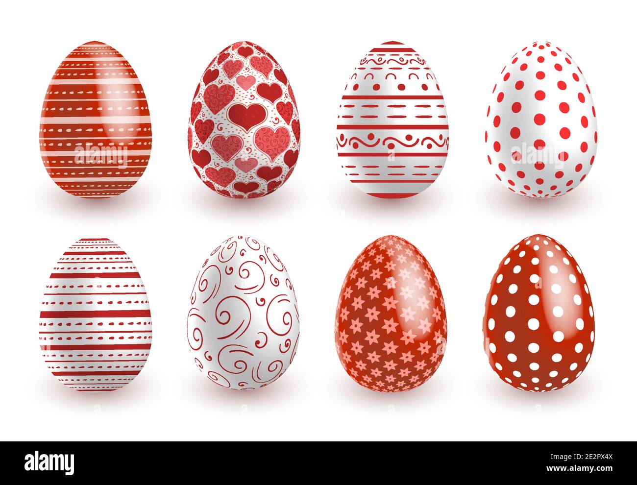 Rouge blanc oeufs de Pâques wtth doodle géométrie motifs sur fond blanc. Jeu d'illustrations vectorielles pour la carte de Pâques des fêtes. Illustration de Vecteur