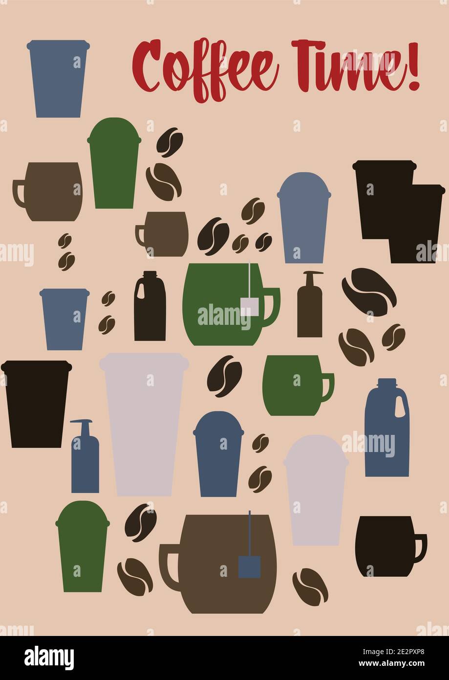 Pause café ! Dessins vectoriels de différentes tasses et tasses avec boîte à lait et pompe à arôme. Belle décoration de café et menu avec grains de café et sachets de thé Illustration de Vecteur Pause café ! Dessins vectoriels de différentes tasses et tasses avec boîte à lait et pompe à arôme. Belle décoration de café et menu avec grains de café et sachets de thé Illustration de Vecteur