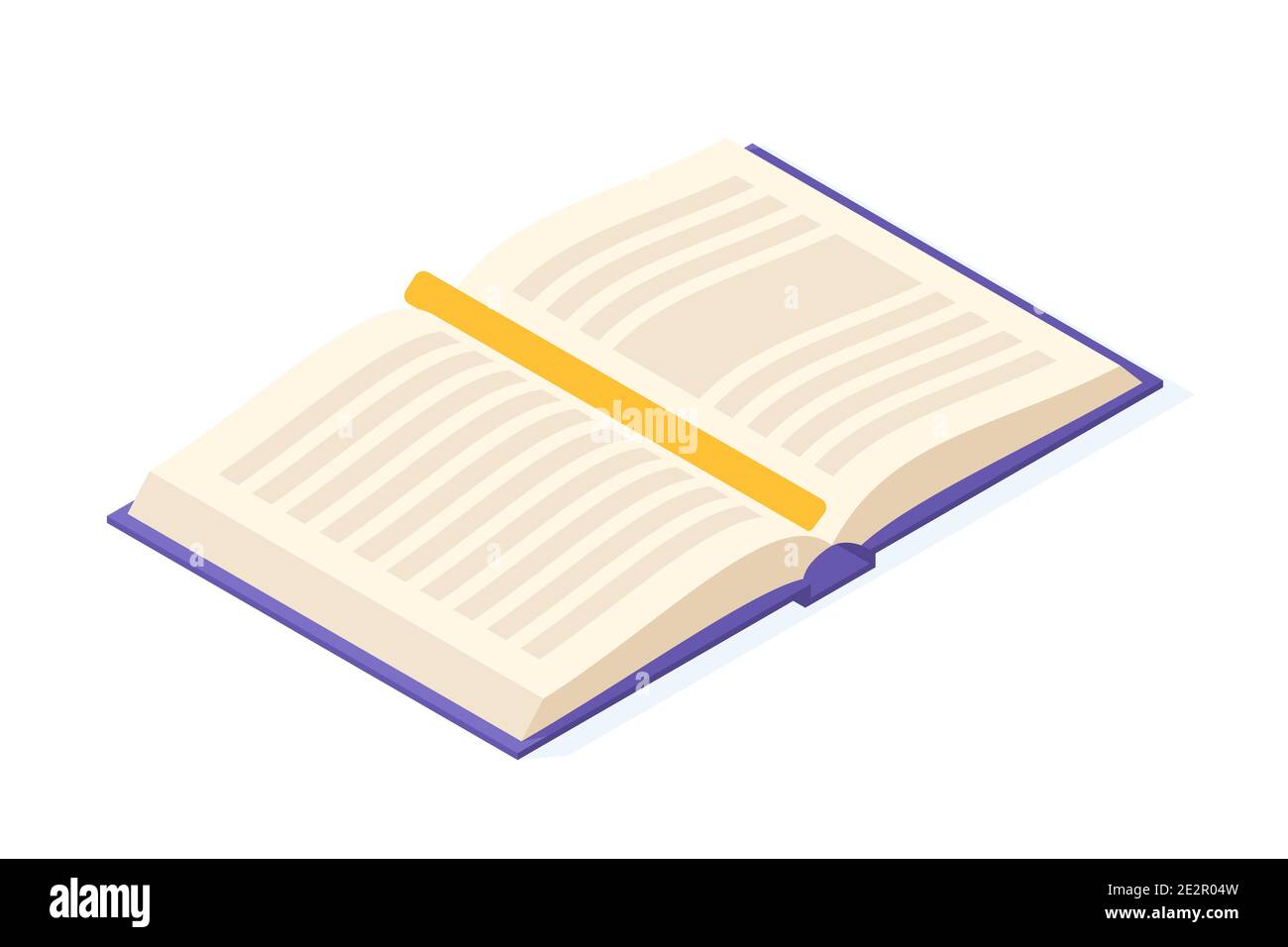 Ouvrir le livre isométrique. Pages papier avec texte, image et signet pour l'éducation et le concept de lecture. Illustration de Vecteur