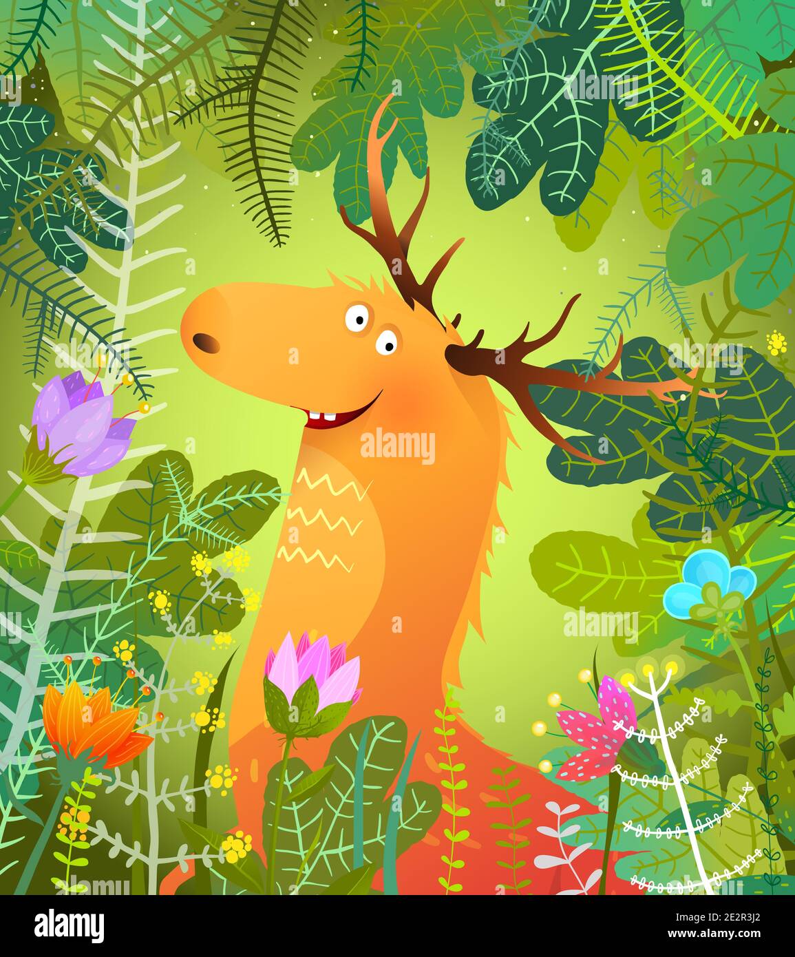 Drôle Moose ou Elk dans le cadre luxuriant Green Woods pour enfants Illustration de Vecteur