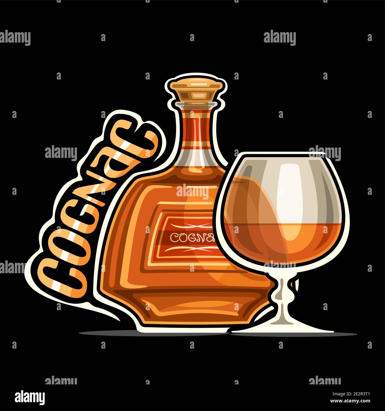 Logo Vector pour Cognac, illustration de la bouteille marron avec étiquette décorative et demi-verre en demi-verre, étiquette avec inscription unique f Illustration de Vecteur