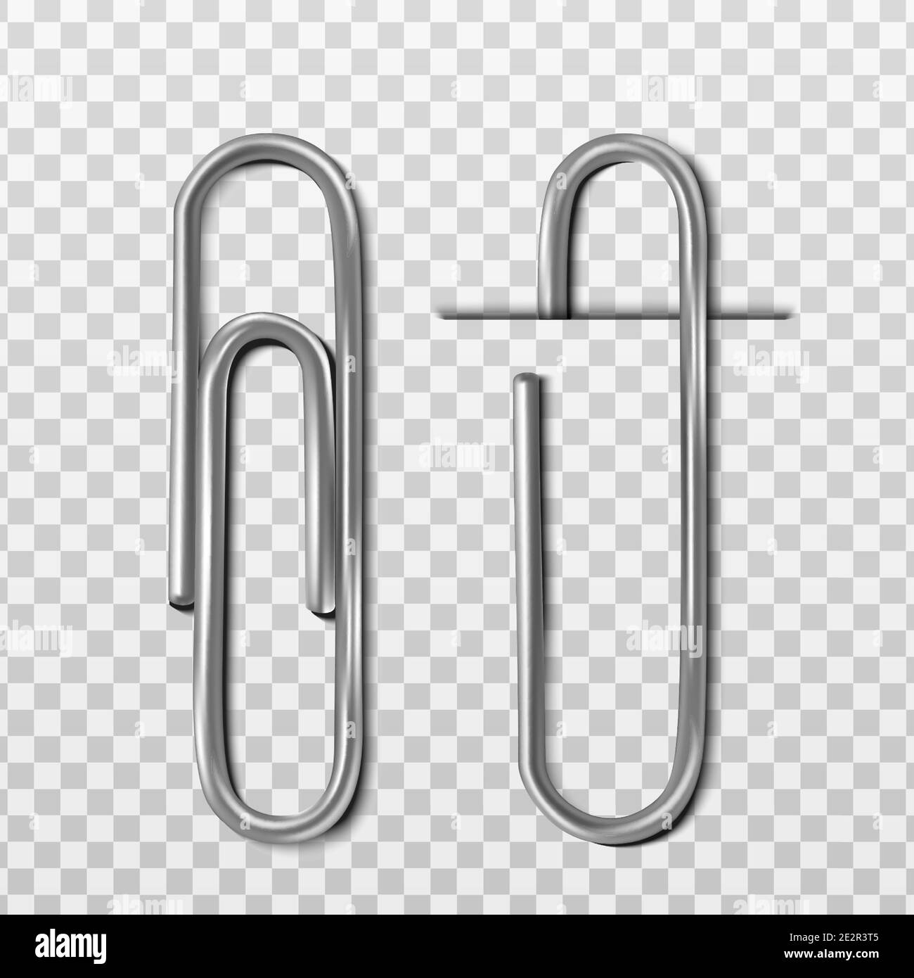 Deux trombones vectoriels en métal réalistes, avec et sans papier. Isolé sur fond transparent. Illustration de Vecteur