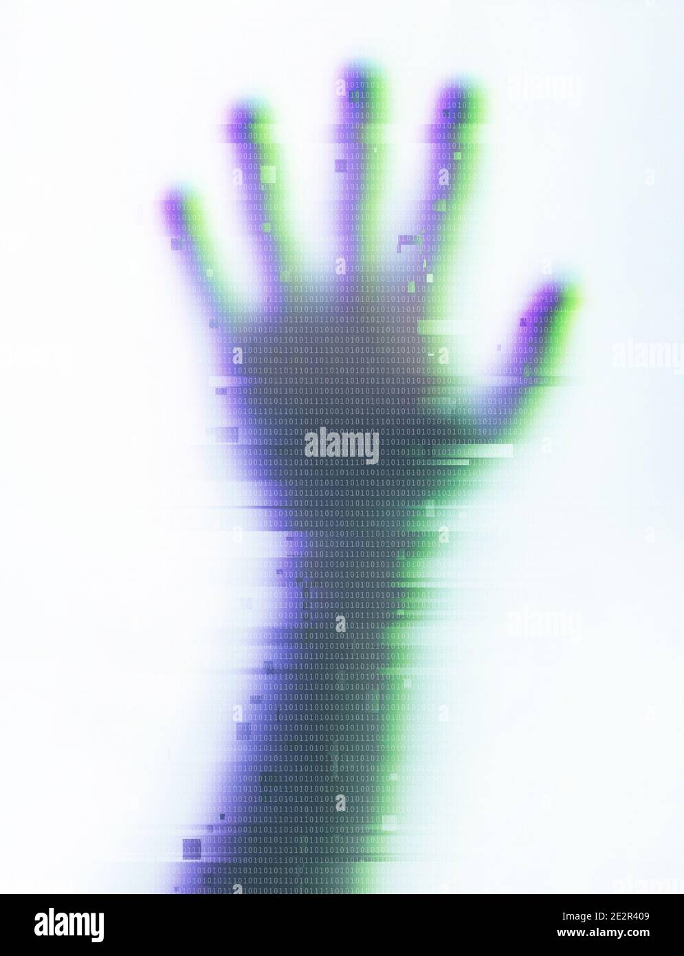 Photo de la main fantôme humaine sur fond blanc avec effet de glitch numérique. Banque D'Images