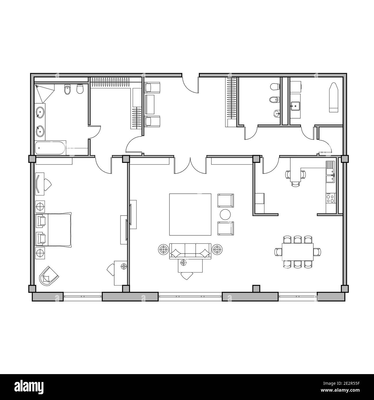 Plan architectural de l'appartement. Schéma technique. Vue de dessus avec un ensemble de meubles et de matériel de plomberie. Vecteur isolé Illustration de Vecteur