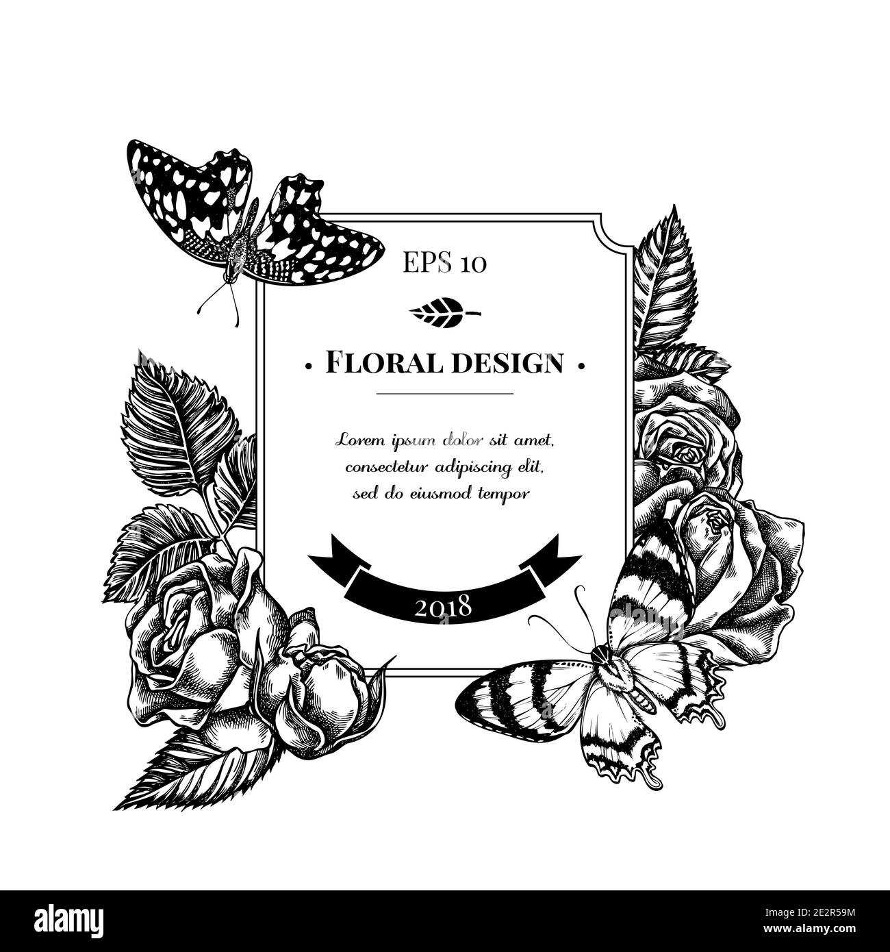 Badge avec papillon noir et blanc citron, alcides agathyrsus, roses Illustration de Vecteur