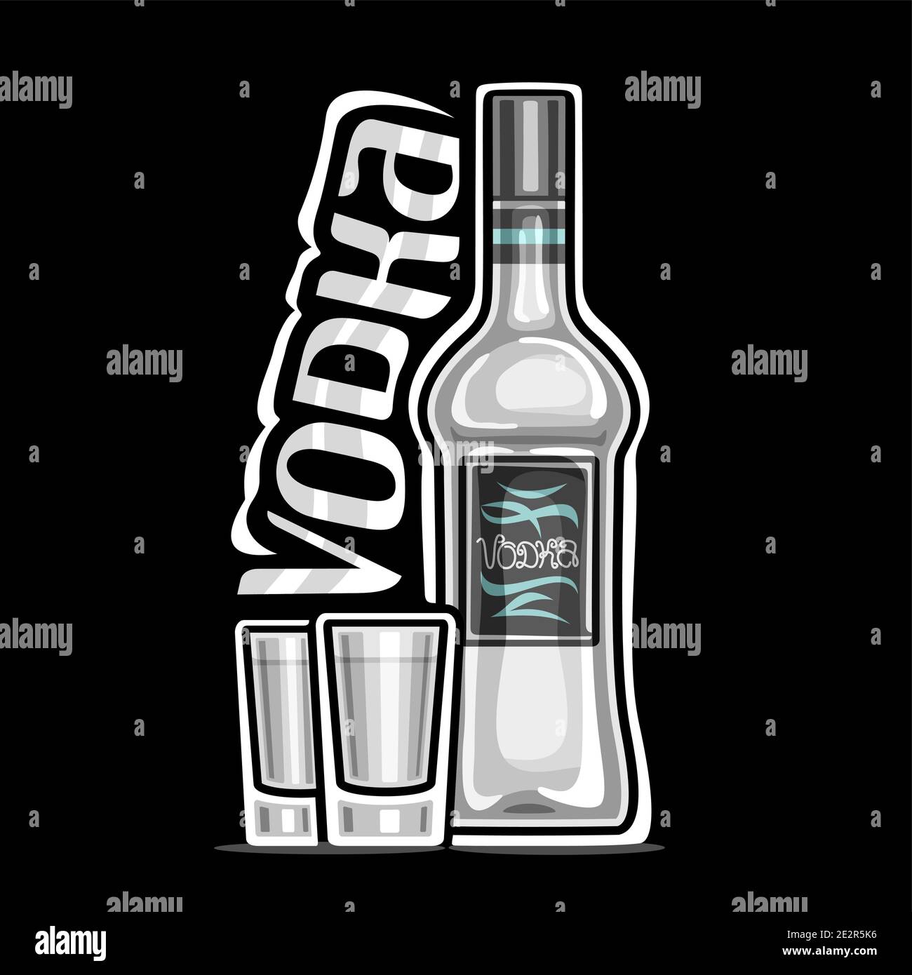 Logo Vector pour Vodka, illustration de la bouteille blanche avec étiquette décorative et 2 verres à dose complète avec vodka réfrigérée, étiquette carrée avec uniq Illustration de Vecteur