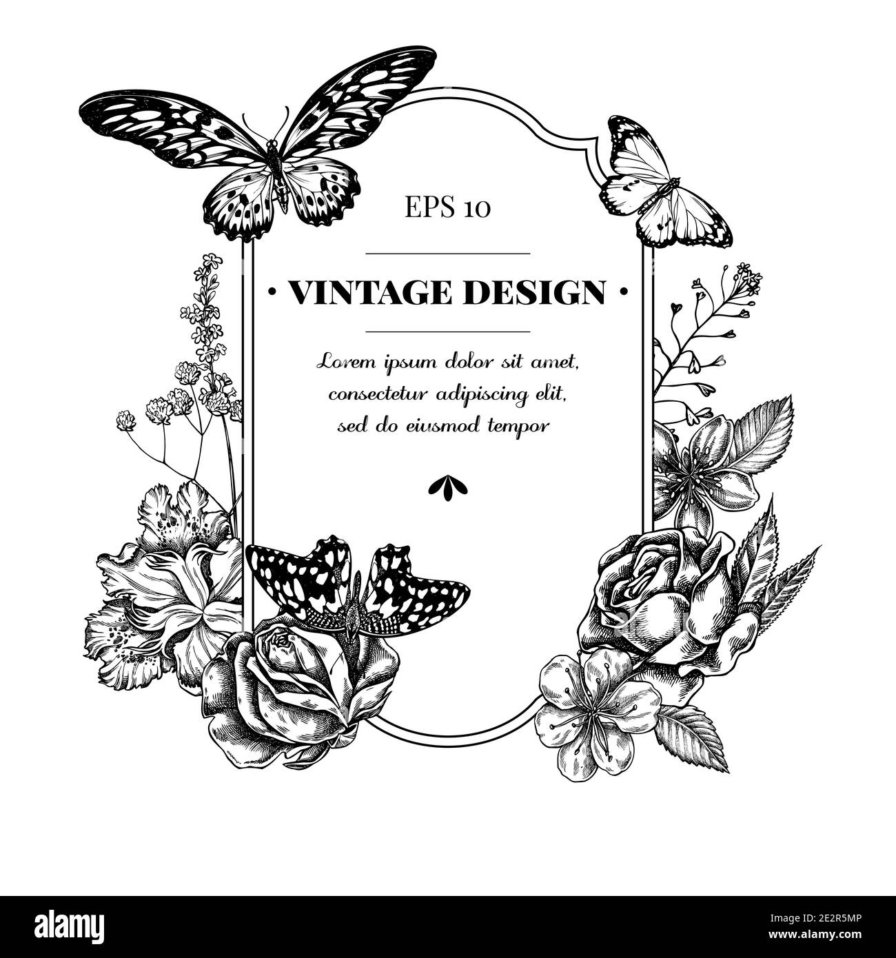 Badge avec porte-monnaie noir et blanc, bruyère, iris japonica, sakura, gitsophila, amande, papillon citron, queue d'allowtail géant africain Illustration de Vecteur