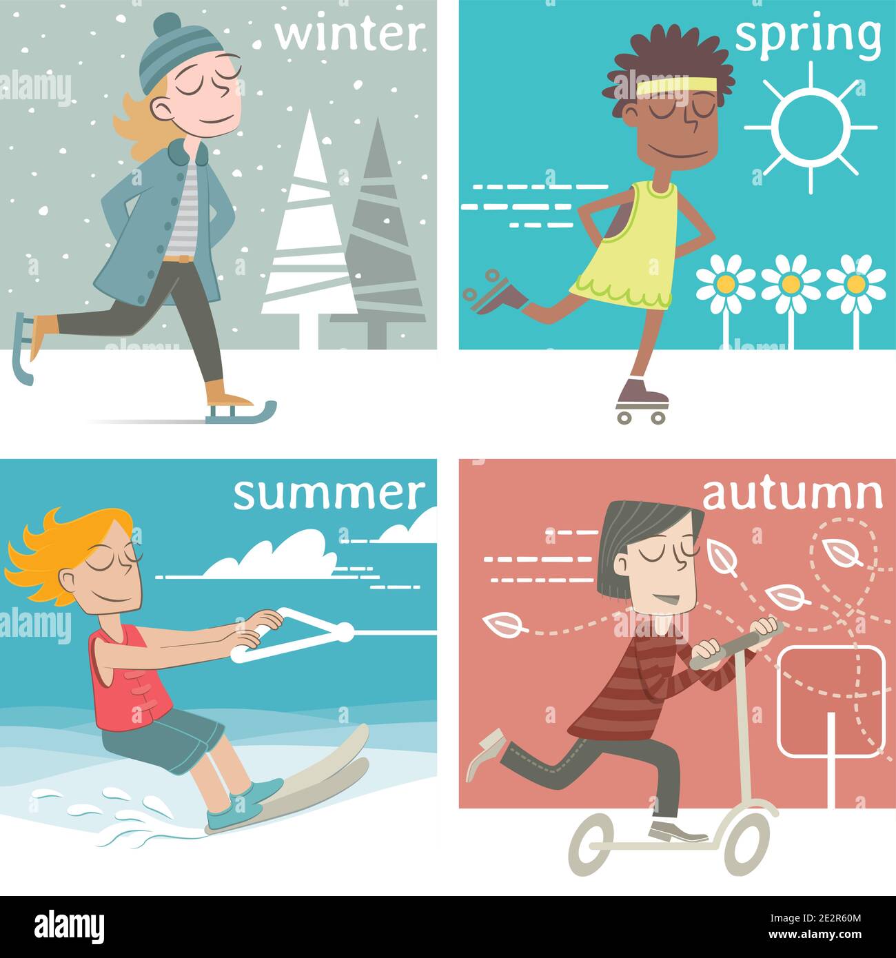 Printemps, été, automne, hiver : une bannière pour chacune des saisons, mais toujours patinage. Illustration de Vecteur