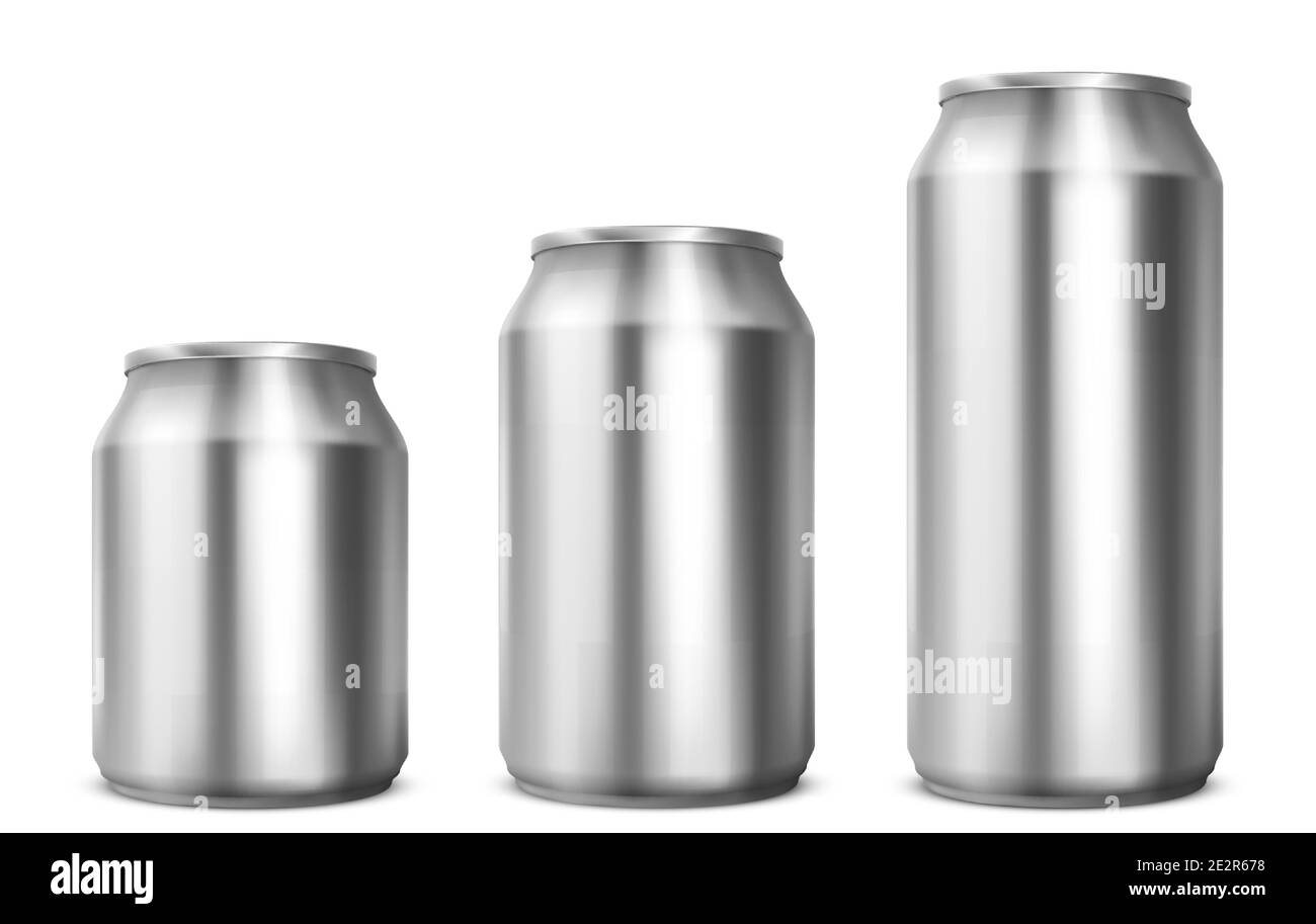 Boîtes en aluminium différentes tailles pour soda ou bière isolée sur fond blanc. Maquette de boîte métallique vectorisé pour une vue avant des boissons. modèle 3d d'emballage blanc argent pour boissons froides Illustration de Vecteur