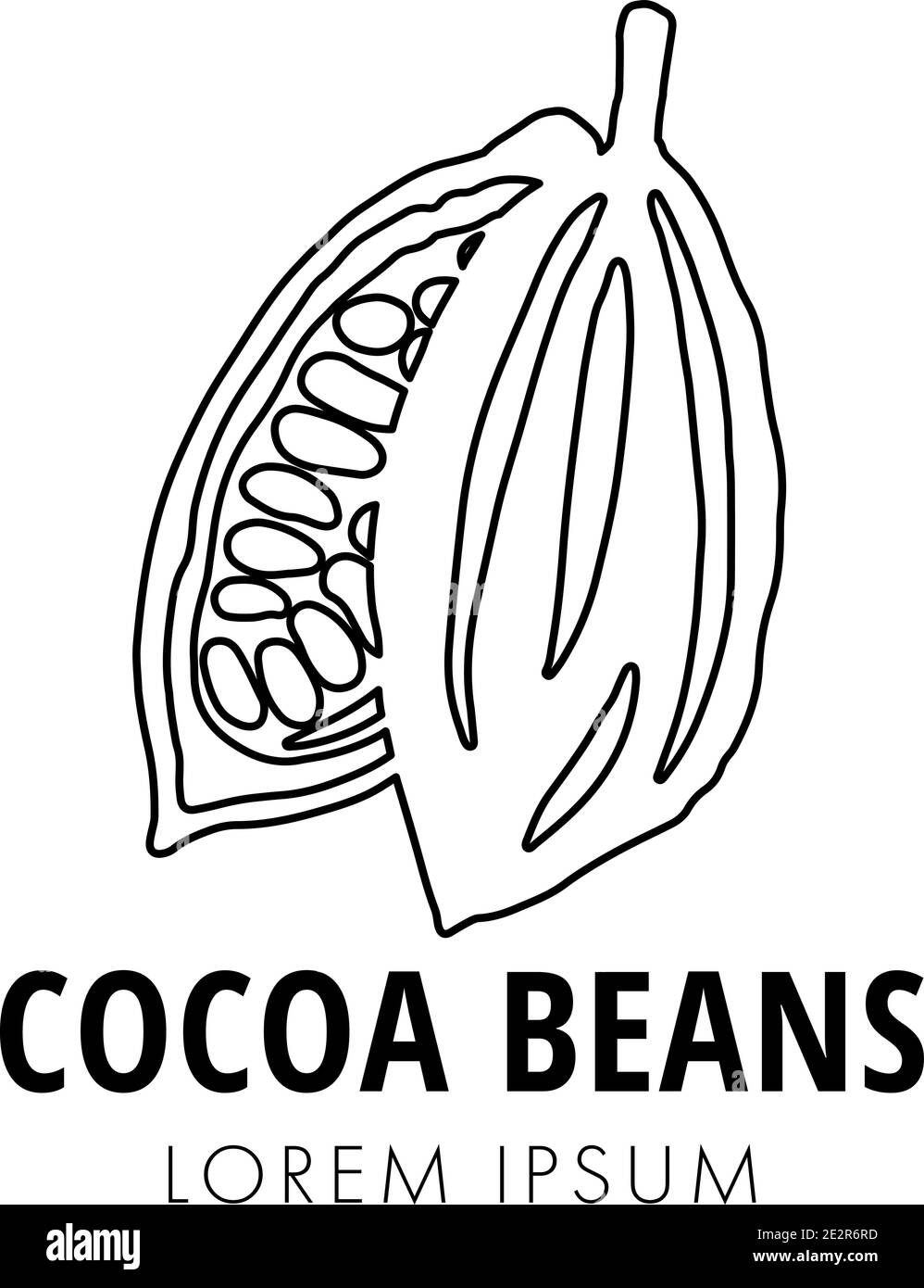 Demi-gousse de cacao mûr ligne avec haricots sur fond blanc. Logo cacao biologique Illustration de Vecteur