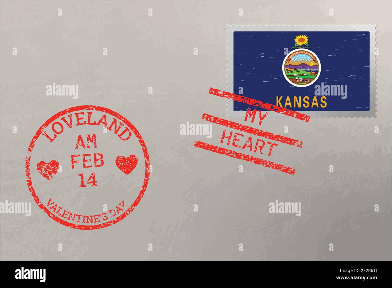 Enveloppe de timbre-poste avec drapeau des États-Unis du Kansas et timbres de la Saint-Valentin, vecteur Illustration de Vecteur