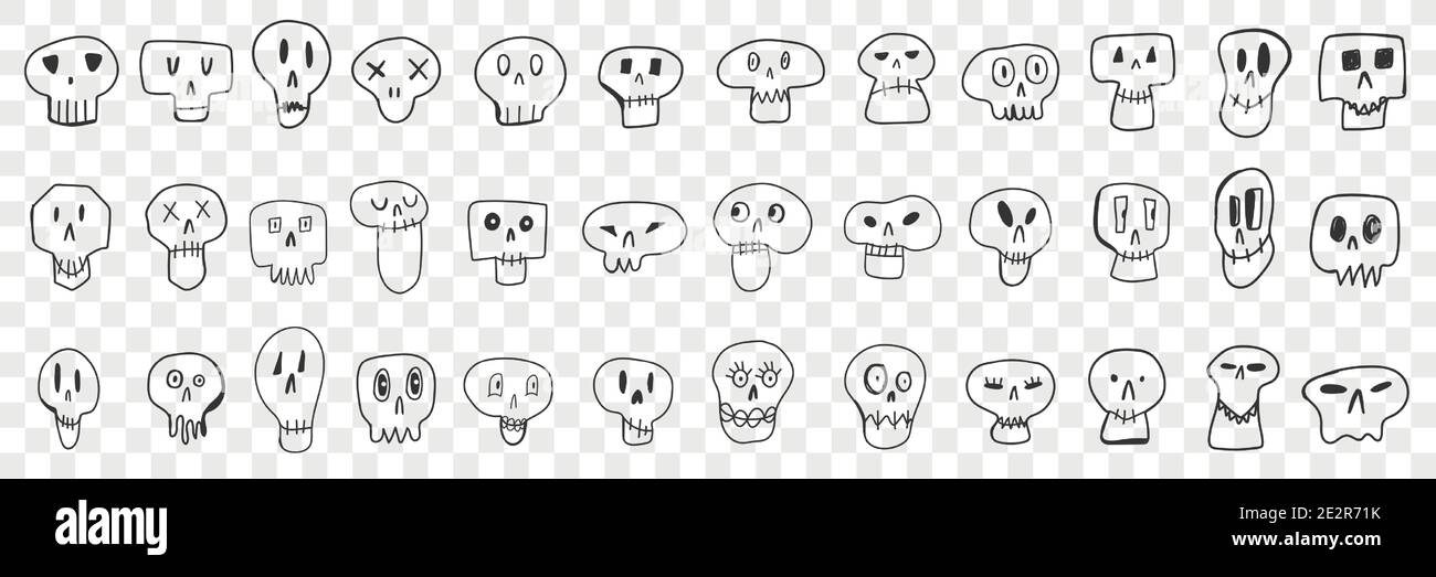 Ensemble de doodle pour divers visages de crâne. Collection de visages de crânes effrayants dessinés à la main de formes et d'expressions différentes isolées sur fond transparent. Illustration de crânes pour enfants Illustration de Vecteur
