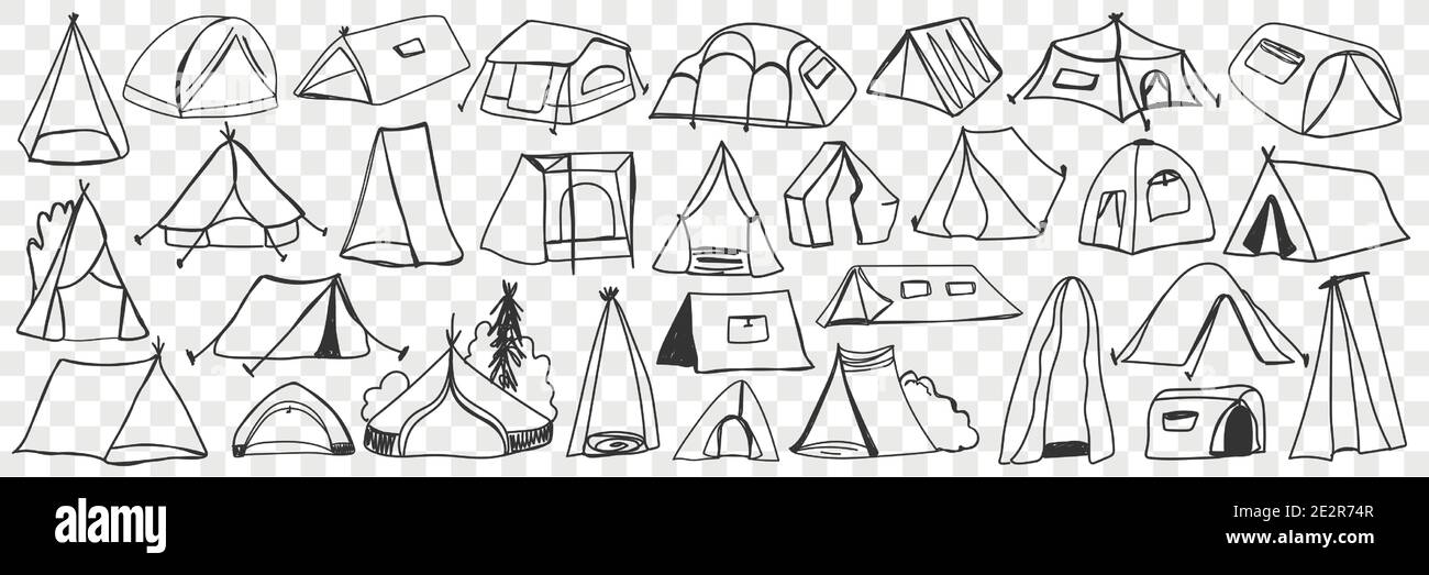 Divers tentes de camping ensemble de doodle. Collection de tentes de maison temporaire de camping dessinées à la main pour le tourisme de voyage isolées sur fond transparent. Illustration de tentes textiles pour rester sur la nature Illustration de Vecteur