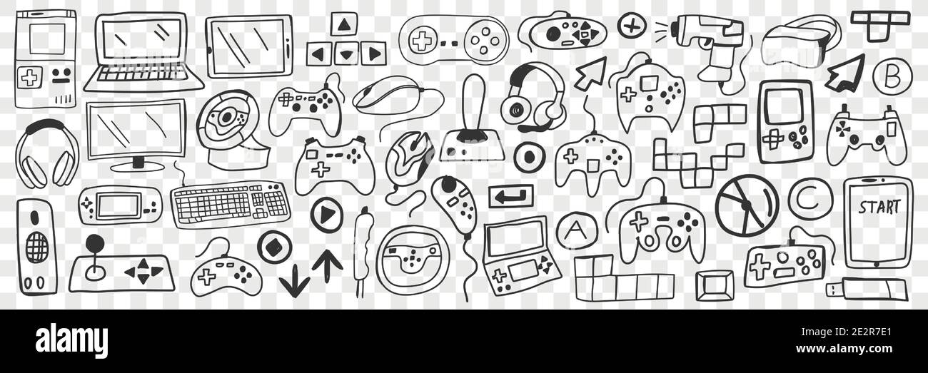 Divers gadgets intelligents ensemble de doodle. Collection d'ordinateurs tirés à la main smartphones casques écouteurs écrans joueurs console de jeu joystick et lunettes 3d isolées sur fond transparent Illustration de Vecteur