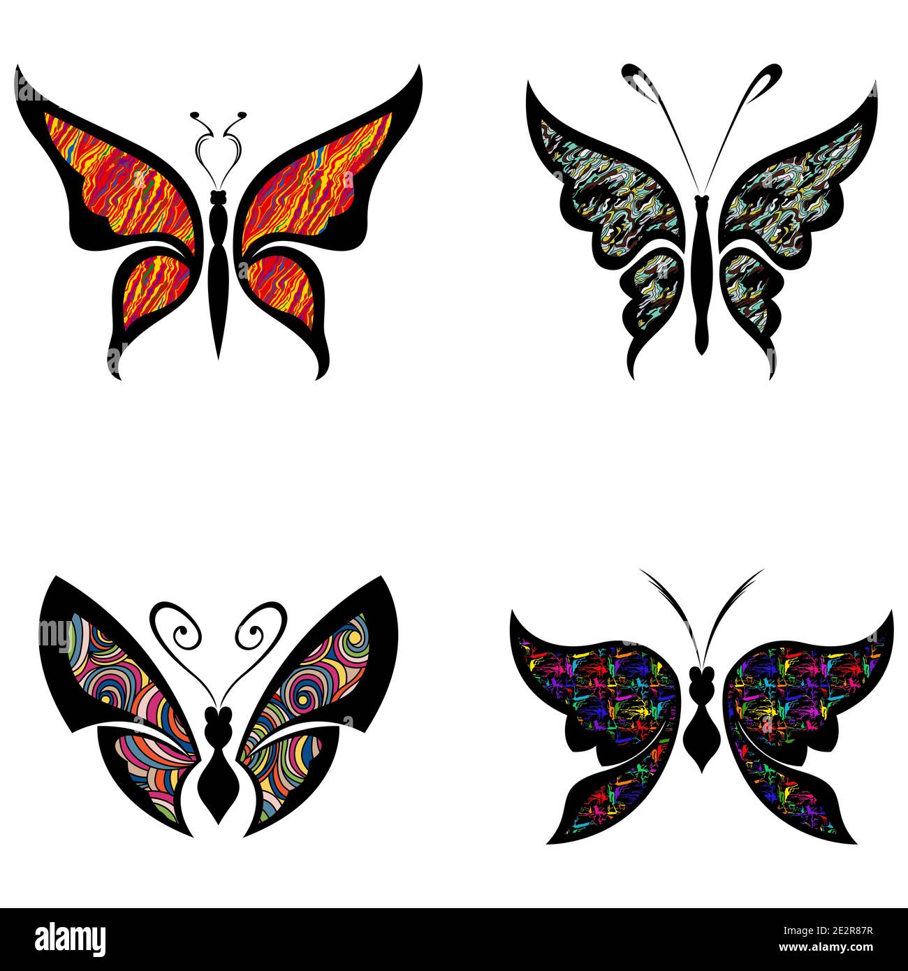 Ensemble de quatre papillons décoratifs avec ailes colorées décorent isolés sur le fond blanc, dessin à la main des œuvres d'art Illustration de Vecteur