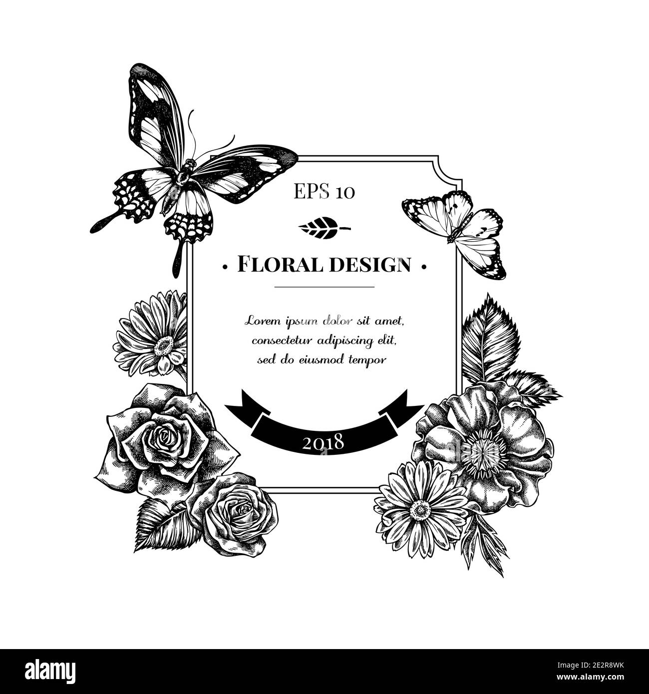 Badge avec fleur de pavot noire et blanche, calendula, tigre Uni, papillio torquatus, roses Illustration de Vecteur