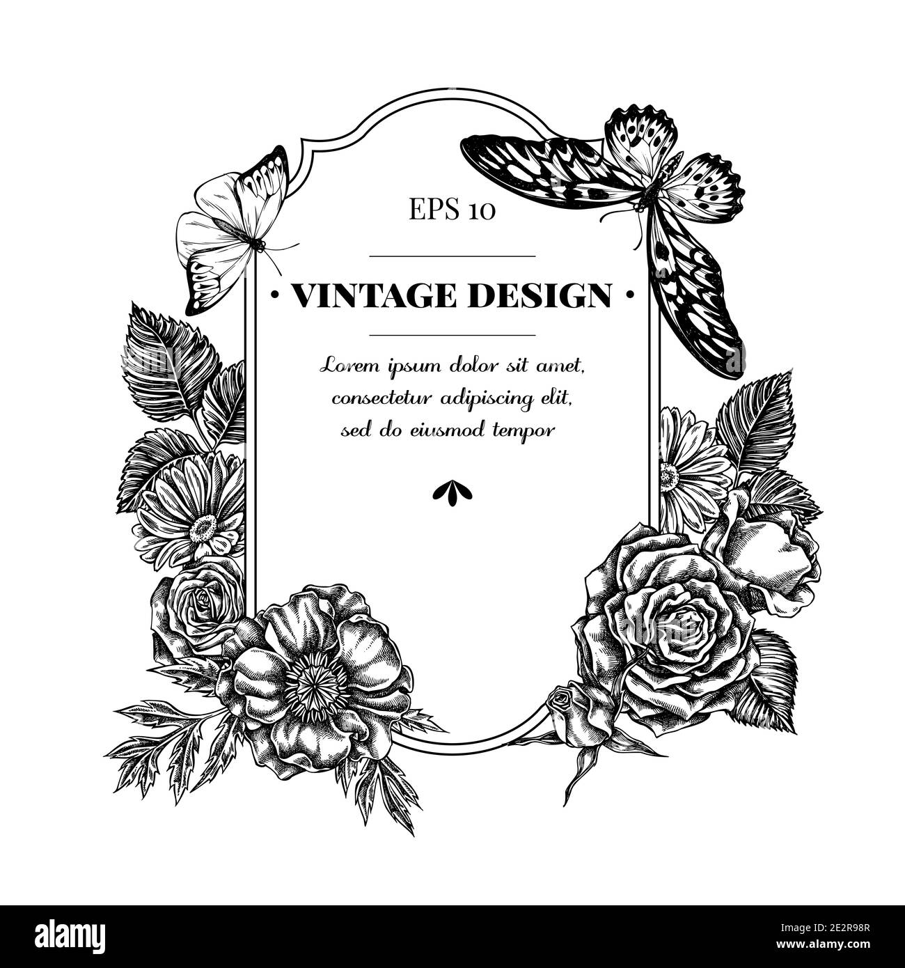 Motif badge avec fleur de pavot noire et blanche, calendula, queue de cyon africaine géante, pointe orange, roses Illustration de Vecteur