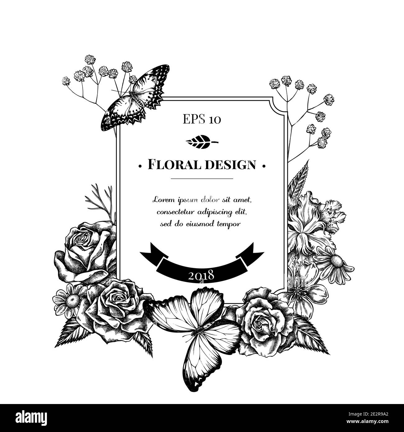 Logo avec iris noir et blanc japonica, gitsophila, camomille, amande, morpho bleu menelaus, laçage rouge, roses Illustration de Vecteur