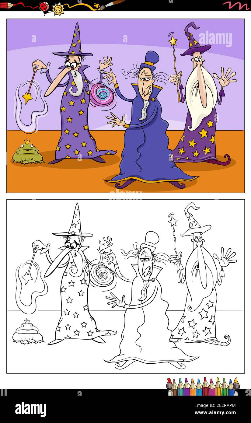 Illustration de la page de livre de coloriage de trois personnages sorciers fantaisie Illustration de Vecteur