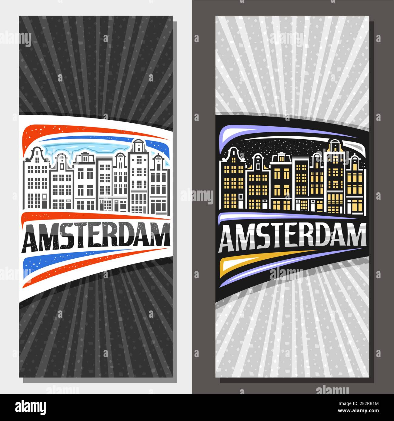 Mises en page verticales vectorielles pour Amsterdam, brochure décorative avec illustration de la ville d'amsterdam sur fond ciel de jour et de crépuscule, design d'art à Illustration de Vecteur