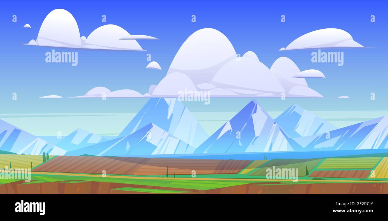 Paysage de montagne avec des prairies et des champs verdoyants. Illustration vectorielle des sommets enneigés avec nuages, campagne avec terres agricoles, route et lac. Paysage rural dans la vallée de la montagne Illustration de Vecteur