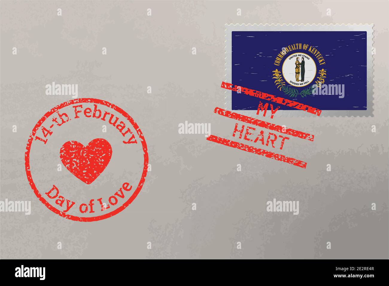 Enveloppe de timbre-poste avec drapeau Kentucky US et timbres de Saint-Valentin, vecteur Illustration de Vecteur