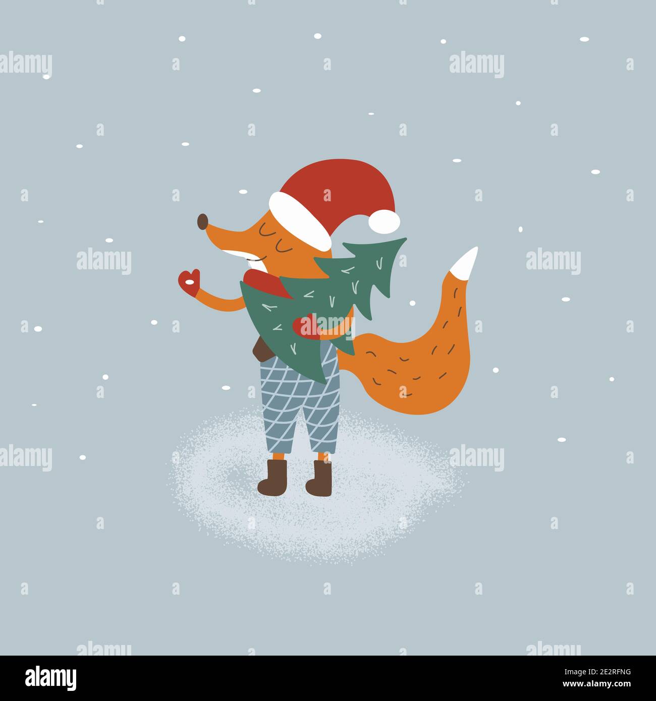 Fox dans un chapeau du nouvel an porte un arbre de Noël dans ses pattes. Neige. Illustration vectorielle colorée en style dessin animé. Joyeux Noël. Hiver. Couper Illustration de Vecteur