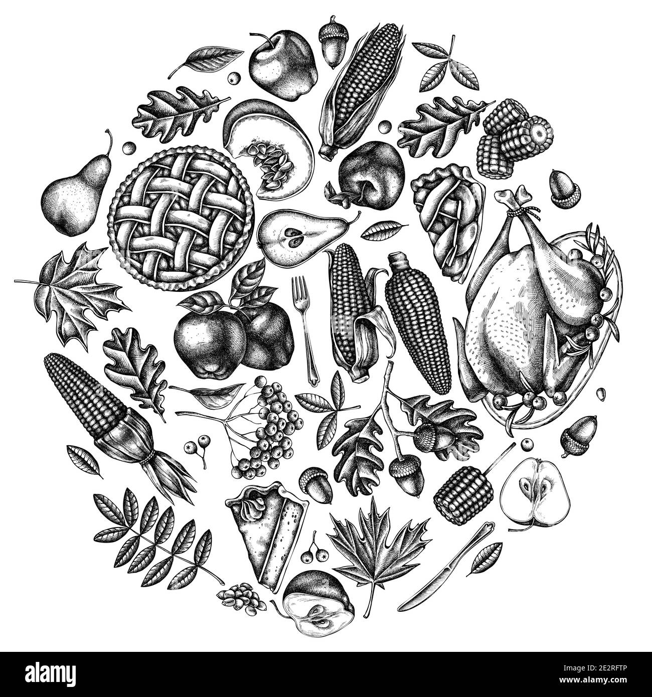 Motif rond avec citrouille noire et blanche, fourchette, couteau, poires, dinde, tarte à la citrouille, tarte aux pommes, maïs, pommes, rowan, érable, chêne Illustration de Vecteur