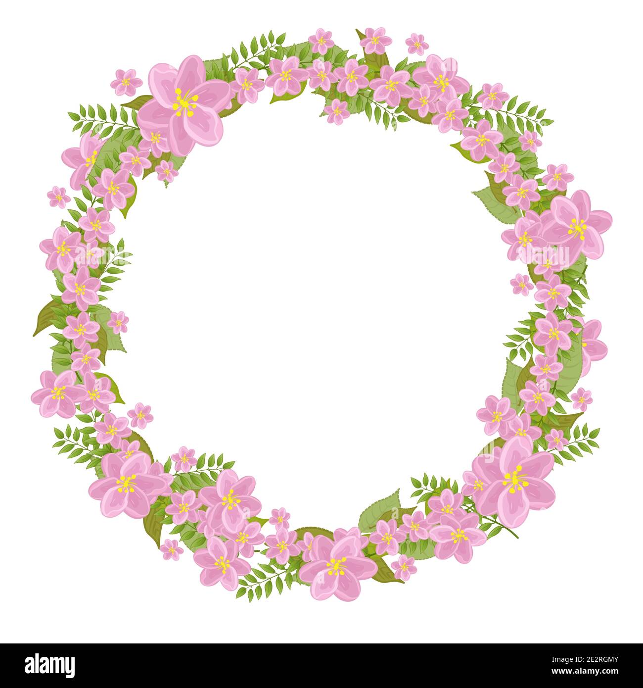 Une couronne de fleurs et de feuilles roses. Motif de cadre rond Illustration de Vecteur