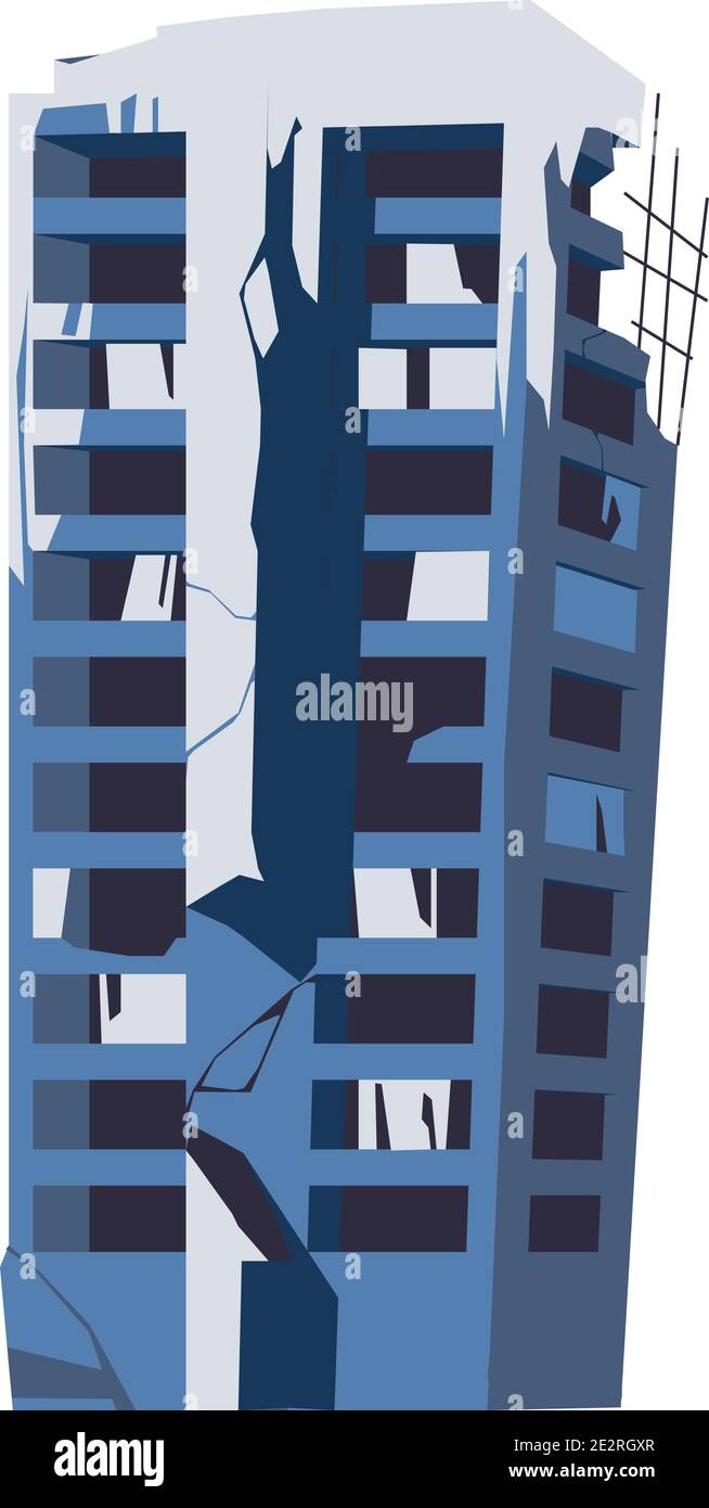 Bâtiment détruit, structure endommagée, conséquences d'une catastrophe, cataclysme ou guerre, illustration isolée du vecteur de dessin animé Illustration de Vecteur