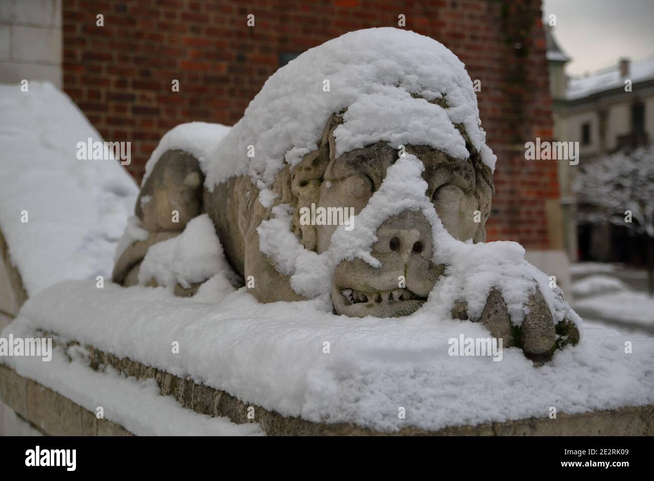 Détails architecturaux Lion sur la vieille ville de Cracovie, Pologne, couverte de neige, winetr dans la ville Banque D'Images