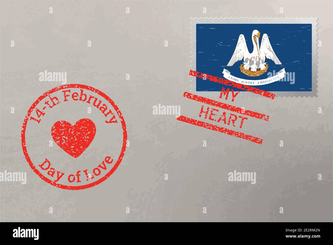 Enveloppe de timbre-poste avec drapeau américain de Louisiane et timbres de Saint-Valentin, vecteur Illustration de Vecteur