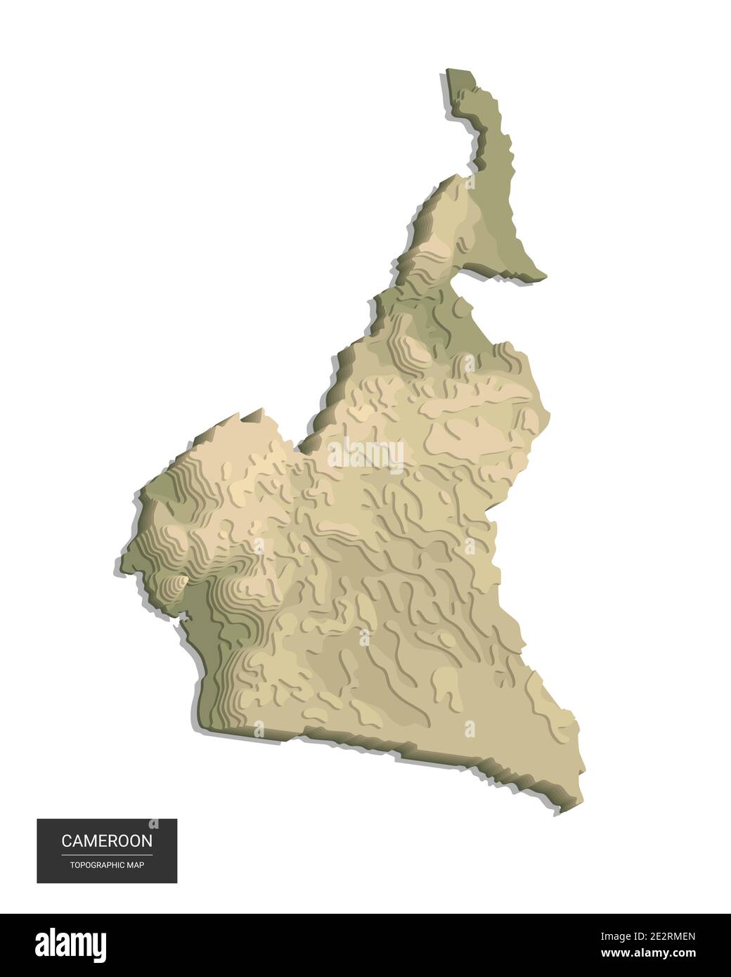 Carte du Cameroun - carte topographique numérique haute altitude en 3D. Illustration vectorielle 3D. Relief coloré, terrain accidenté. Cartographie et topologie. Illustration de Vecteur