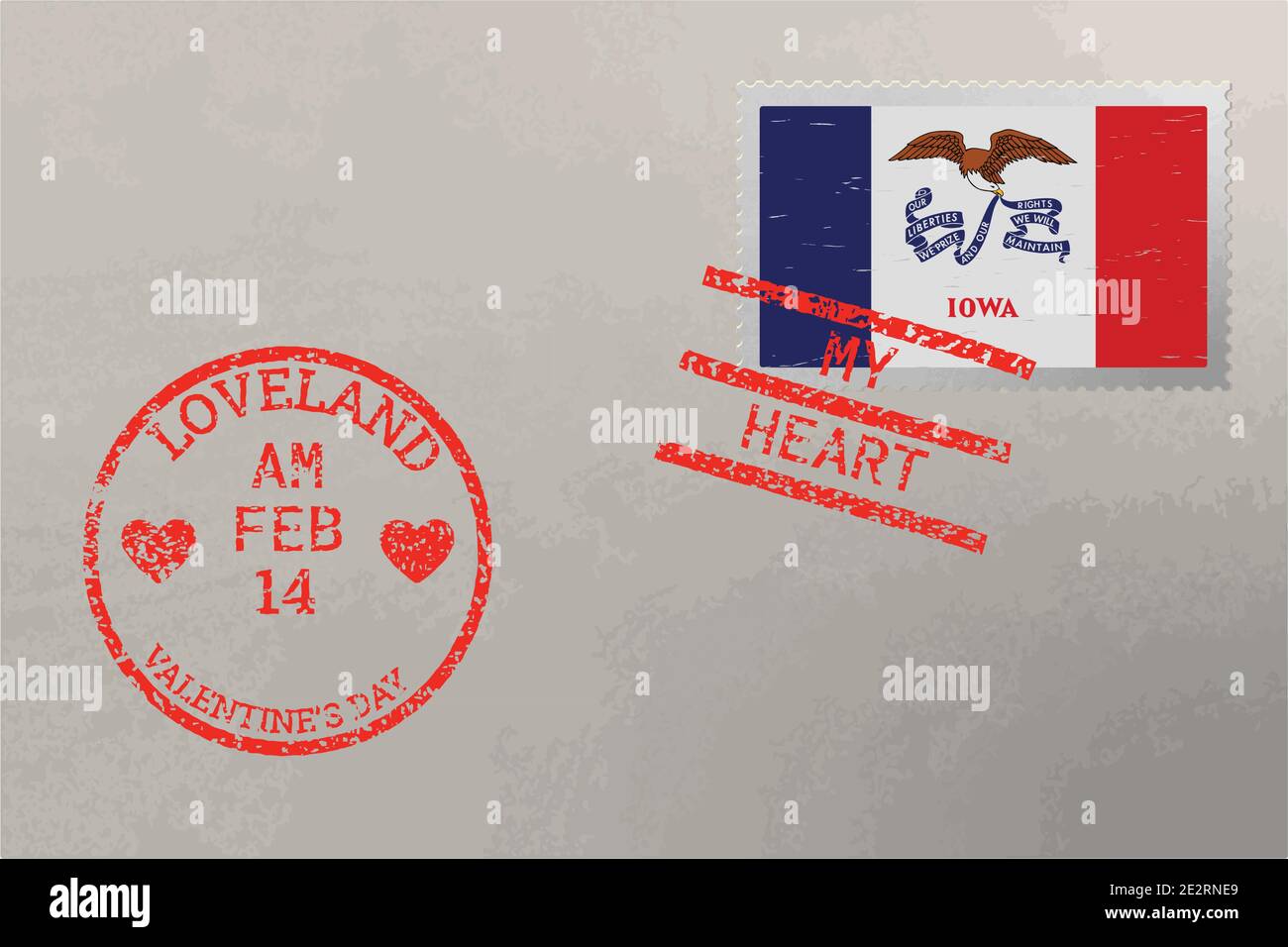 Enveloppe de timbre-poste avec drapeau américain de l'Iowa et timbres de la Saint-Valentin, vecteur Illustration de Vecteur