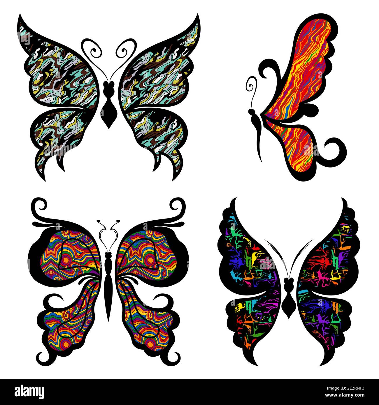 Ensemble de quatre papillons décoratifs avec des ailes colorées décorées de différentes formes isolées sur le fond blanc, des œuvres d'art de dessin à la main Illustration de Vecteur