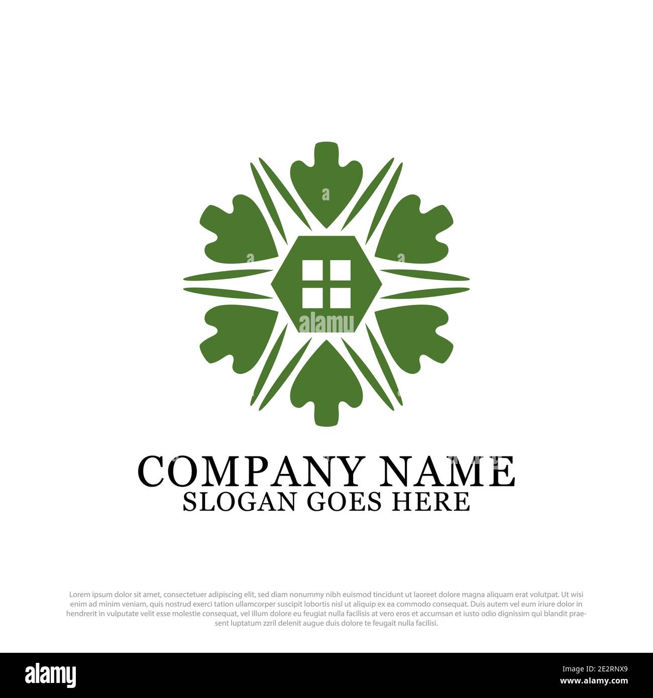 Maison verte avec vecteur de logo six feuilles, modèle de conception de logo de maison de ferme Illustration de Vecteur