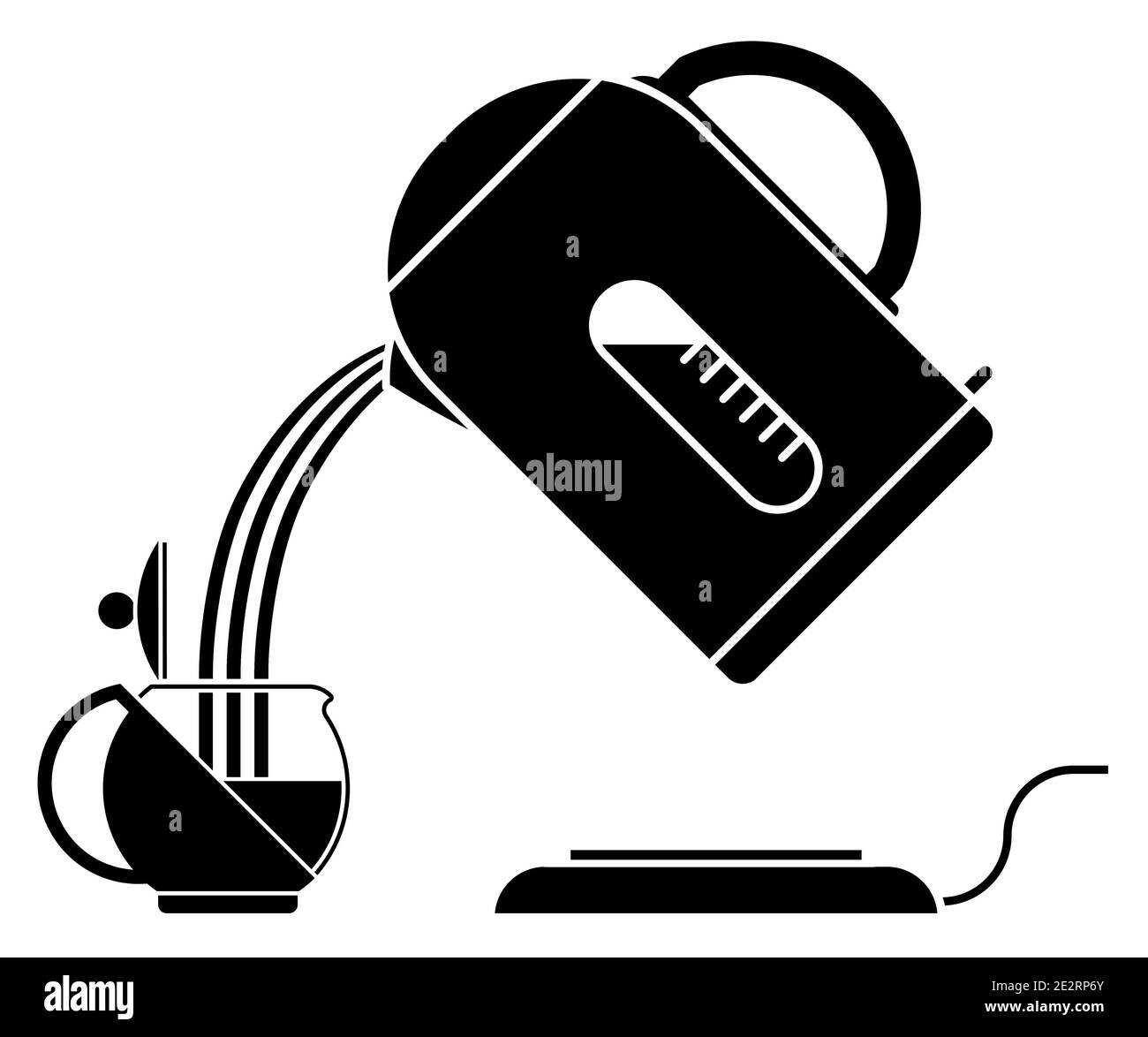 L'eau chaude de la bouilloire électrique est versée dans le récipient de préparation du thé. Préparation d'une boisson chaude et revigorante. Vecteur noir et blanc Illustration de Vecteur