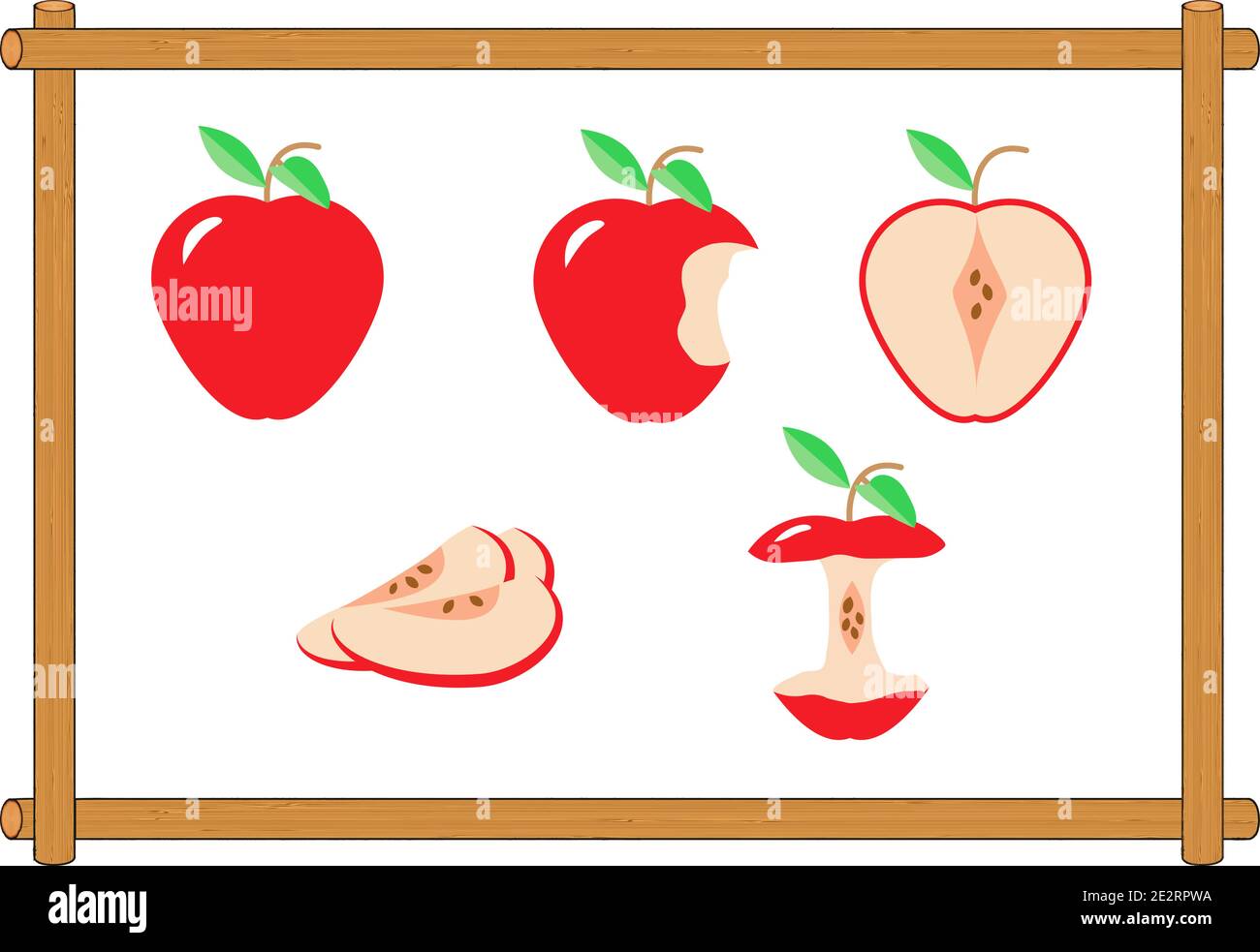 Pommes. Ensemble de fruits rouges, entiers, mordus, demi et tranchés avec feuille et tige. Illustration vectorielle. Bordure en bois. Illustration de Vecteur