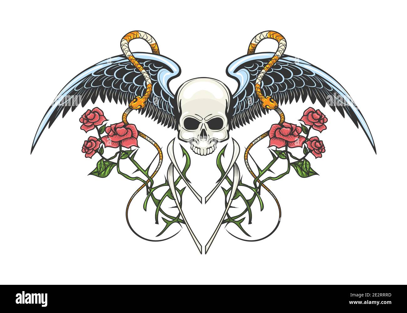 Tatouage coloré du crâne humain, des serpents et des branches roses. Illustration vectorielle. Illustration de Vecteur