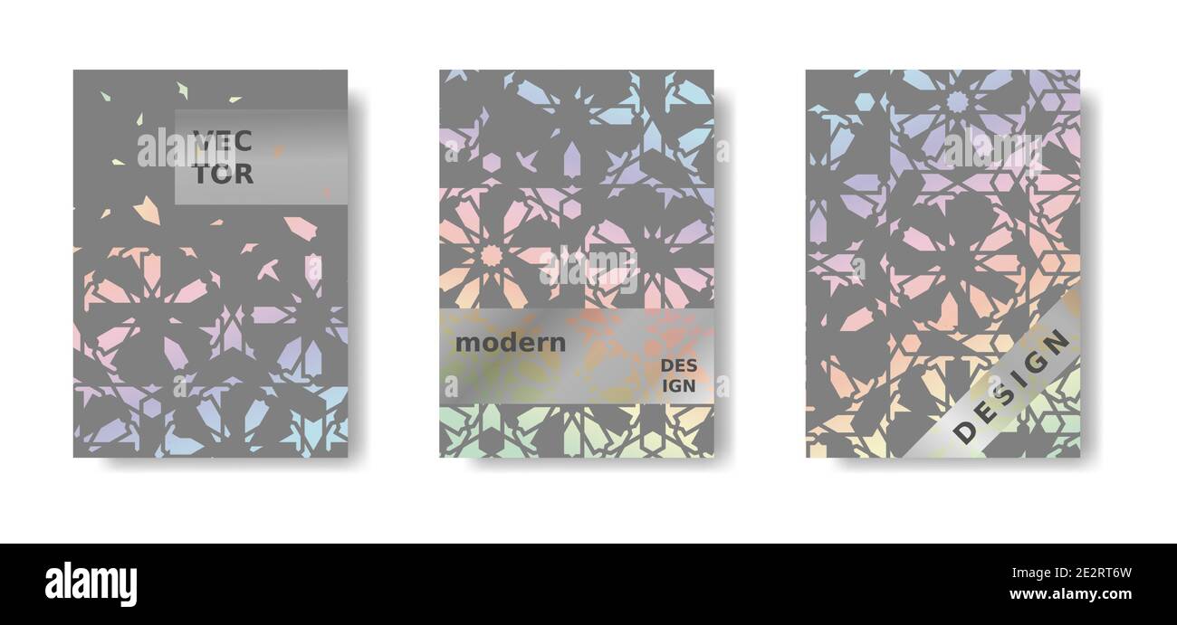 Ensemble d'affiches géométriques holographiques modernes. Couverture en arc-en-ciel et gris, motif poster. Mosaïque moderne islamique Illustration de Vecteur