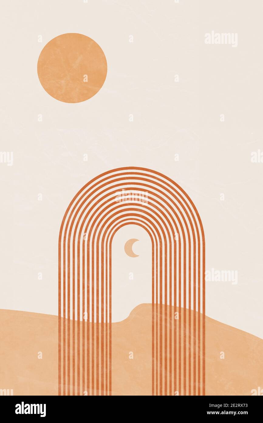 Résumé arrière-plan Morrocan avec des formes géométriques, des formes, un arc-en-ciel, une lune et un soleil. Décoration murale boho. Imprimé artistique moderne minimaliste du milieu du siècle. Illustration de Vecteur