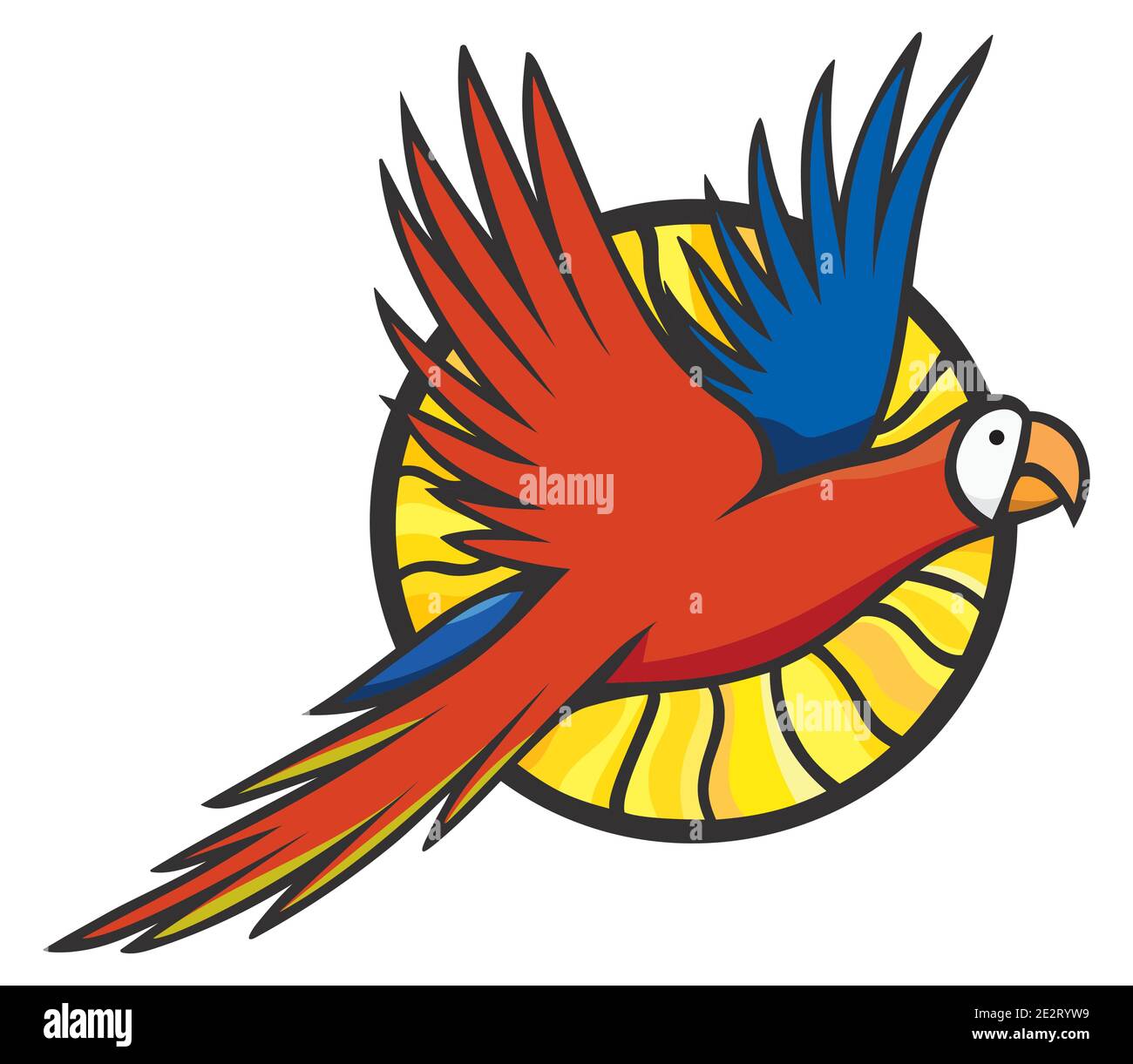 Perroquet de macaw volant et logo lumineux de soleil Illustration de Vecteur