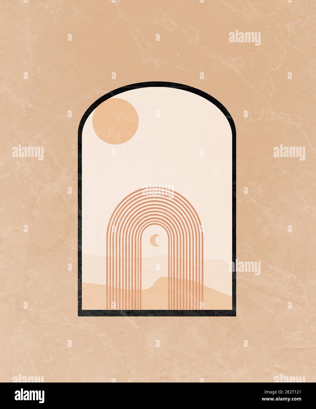 Résumé arrière-plan Morrocan avec des formes géométriques, des formes, un arc-en-ciel, une lune et un soleil. Décoration murale boho. Imprimé artistique moderne minimaliste du milieu du siècle. Illustration de Vecteur