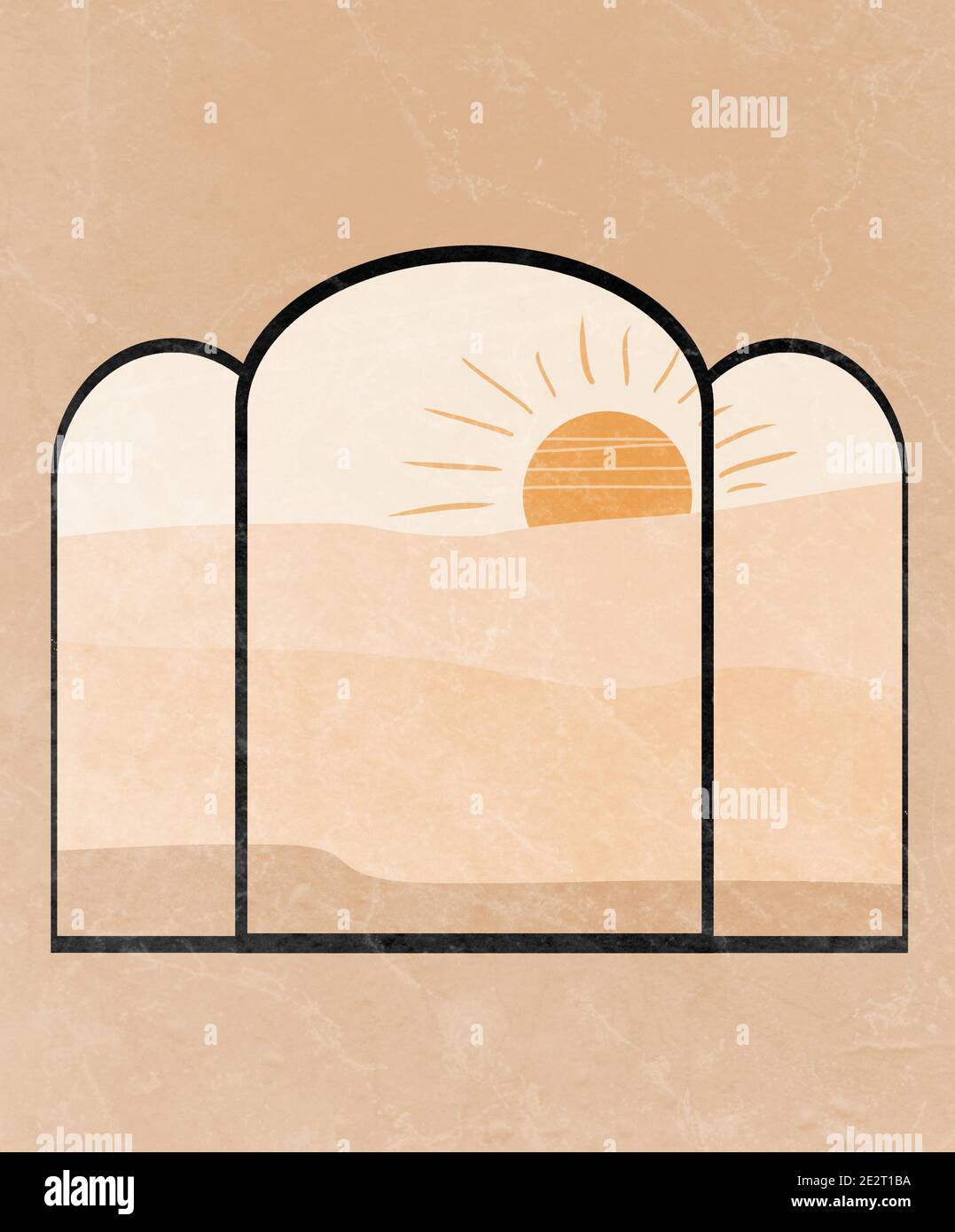 Résumé arrière-plan Morrocan avec des formes géométriques, des formes, un arc-en-ciel, une lune et un soleil. Décoration murale boho. Imprimé artistique moderne minimaliste du milieu du siècle. Illustration de Vecteur