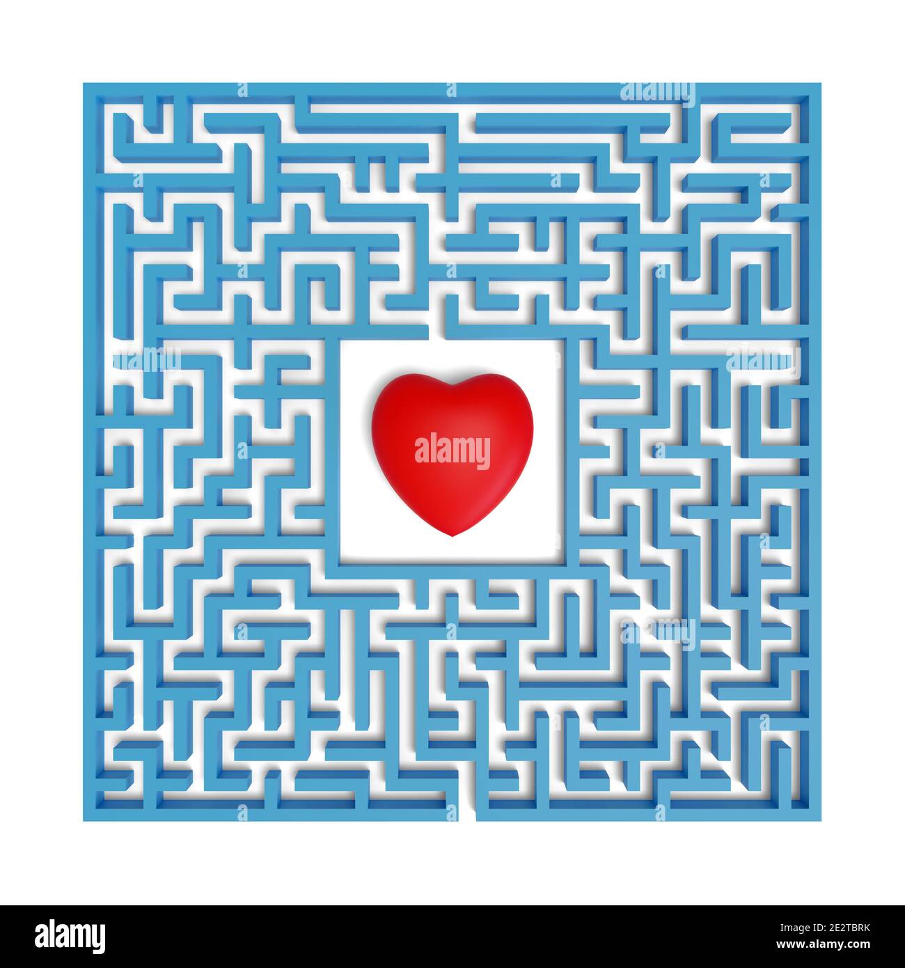 Vue de dessus d'un coeur rouge au milieu d'un labyrinthe isolé sur un fond blanc. illustration 3d. Banque D'Images