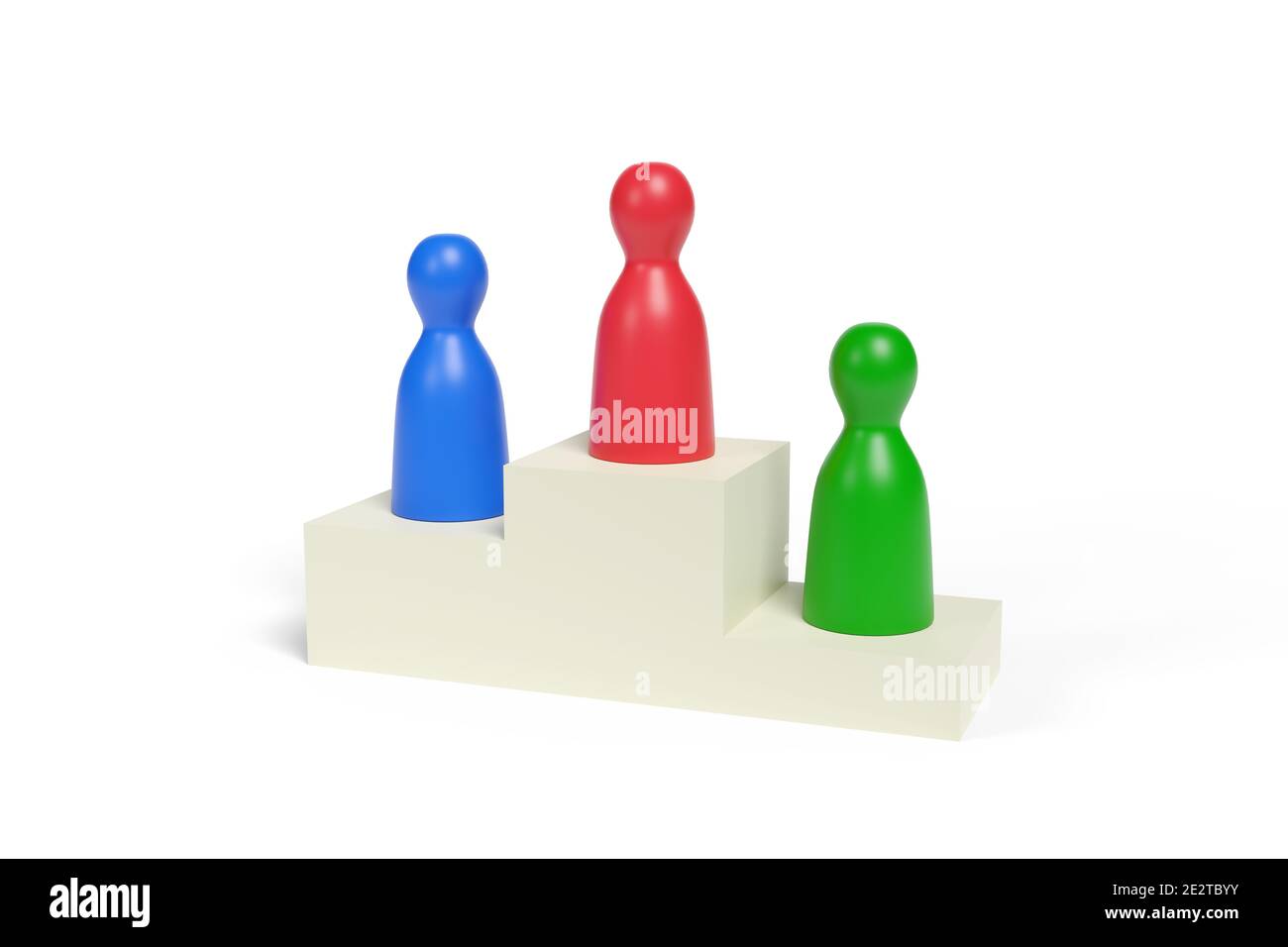 Trois pions sur un podium isolés sur fond blanc. illustration 3d. Banque D'Images