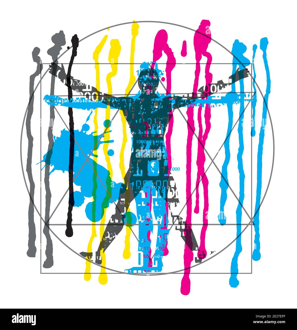 Homme de Vitruvian avec codes binaires, peinture fluide, couleurs CMJN. Futuriste expressif Illustration de l'homme de vitruvian avec des codes binaires . Illustration de Vecteur