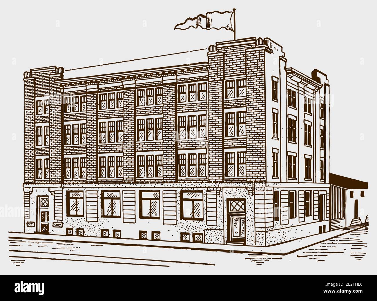 Immeuble de bureaux de la société antique avec vue sur trois quarts face et drapeau sur le dessus. Illustration après une gravure du début du XXe siècle Illustration de Vecteur